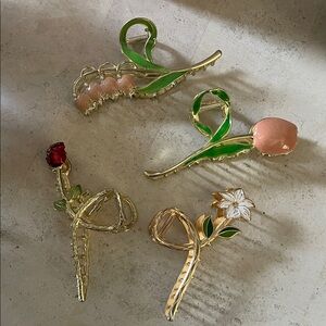 Elegant Floral Hair Clips Set - Gold, Green, Pink, Red, White